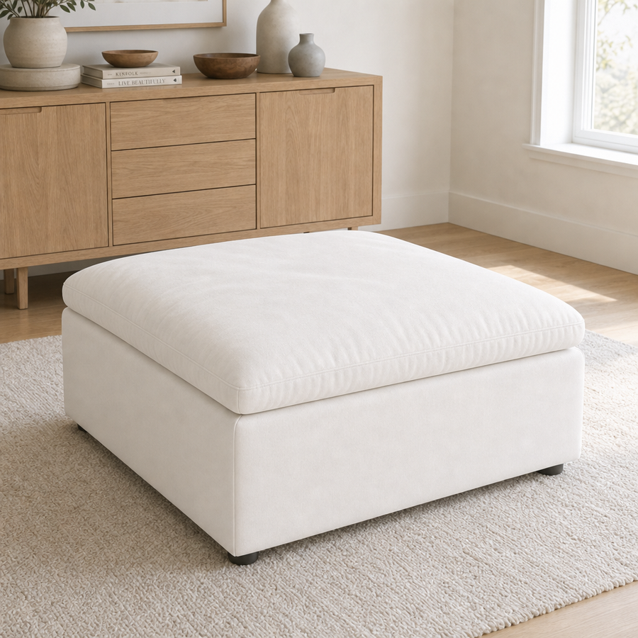Storage Ottoman (Add-On) in White — closed, full-size square module with round legs