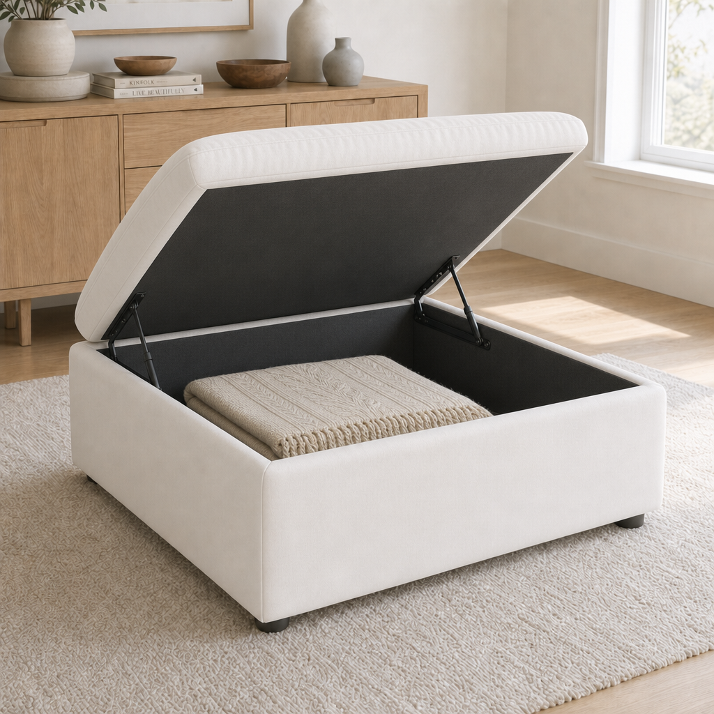 Storage Ottoman (Add-On) in White — lid open showing interior storage compartment