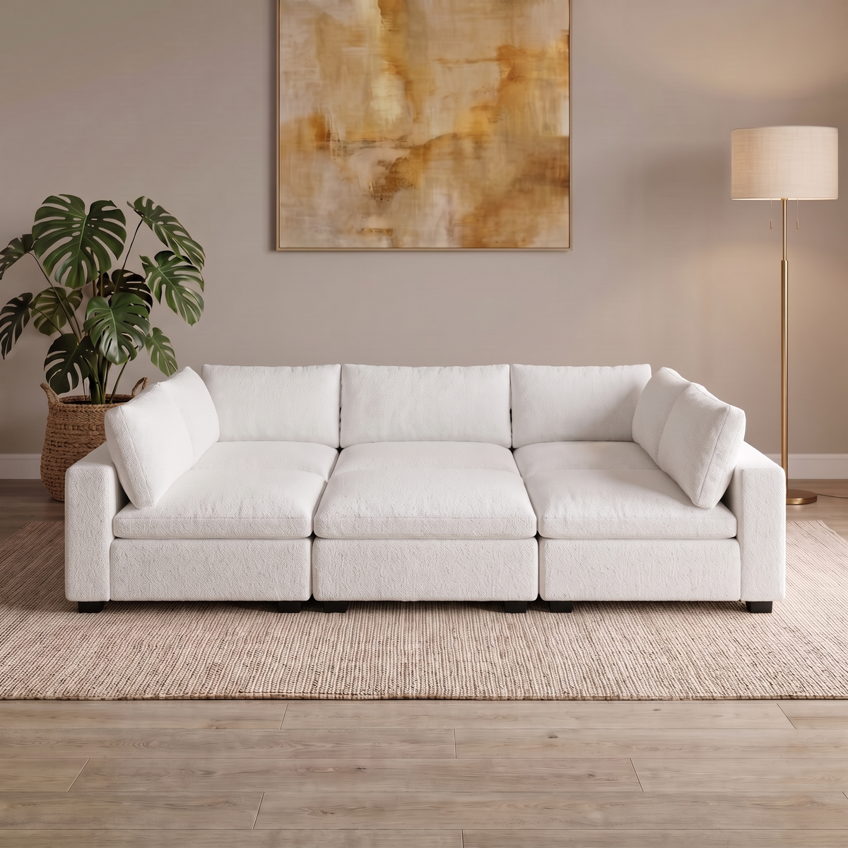 6 Piece Pit modular sofa in White, three seats with three ottomans forming one bed-sized platform