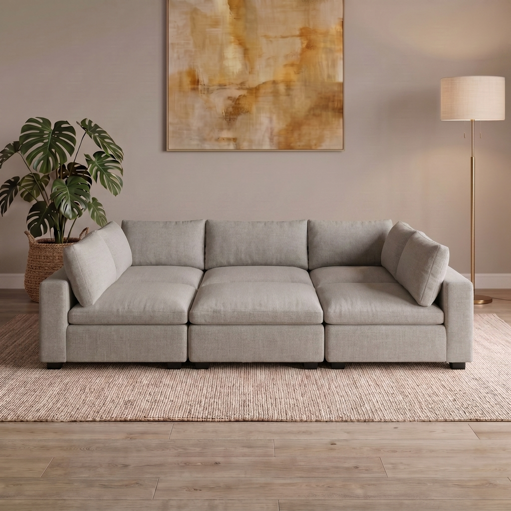 6 Piece Pit modular sofa in Light Grey, three seats with three ottomans forming one bed-sized platform