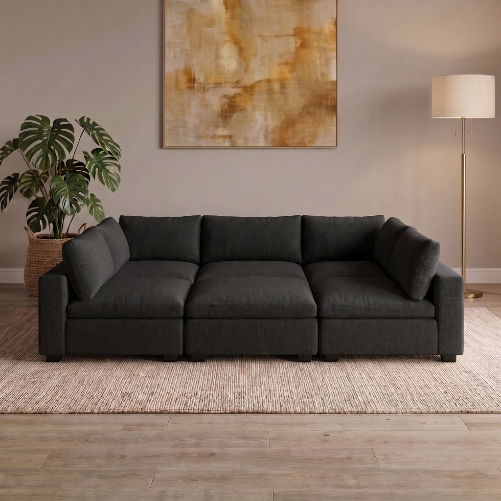6 Piece Pit modular sofa in Black, three seats with three ottomans forming one bed-sized platform
