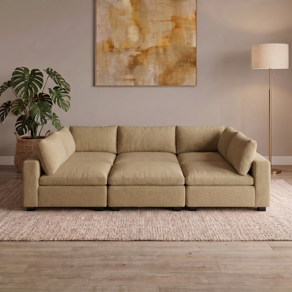 6 Piece Pit modular sofa in Khaki, three seats with three ottomans forming one bed-sized platform