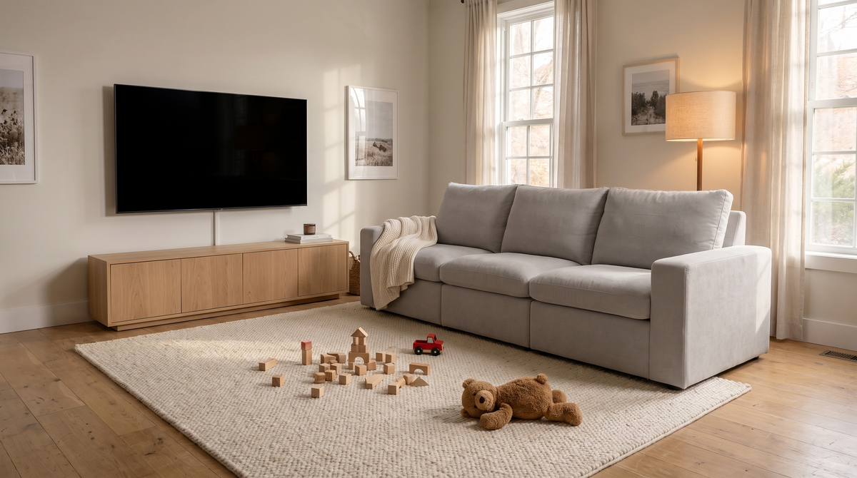 SkyLux cloud couch in a family living room with TV and kids' toys