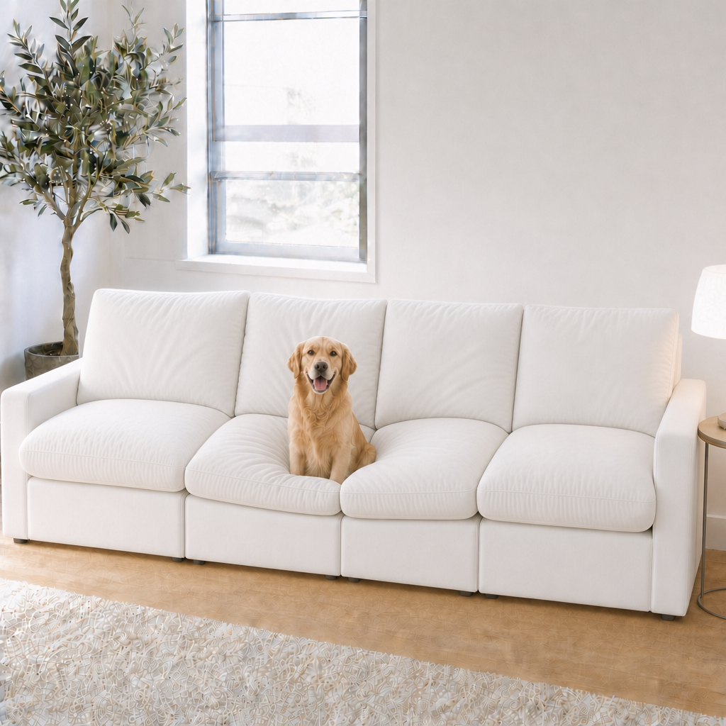 4 Seat SkyLux Cloud Couch in White with golden retriever